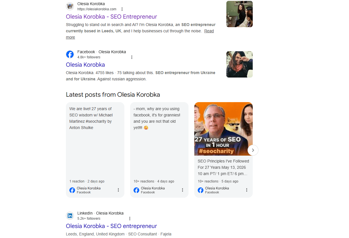 Olesia Korobka SERP in Google 2026