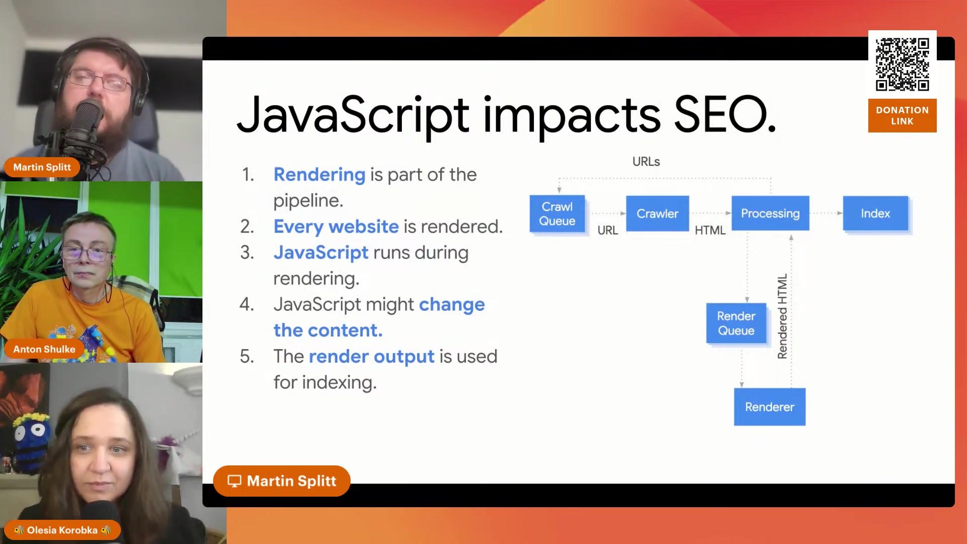 Martin Splitt presenting the JavaScript rendering and indexing pipeline at the SEO for Paws conference